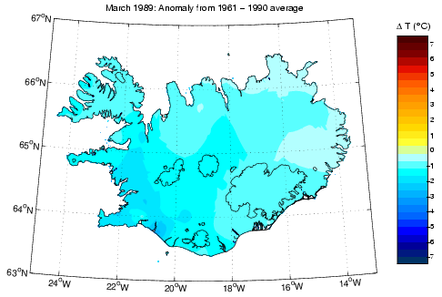 Frávik frá meðalhita í mars 1989