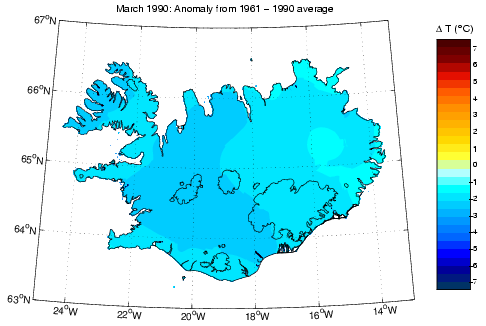 Frávik frá meðalhita í mars 1990