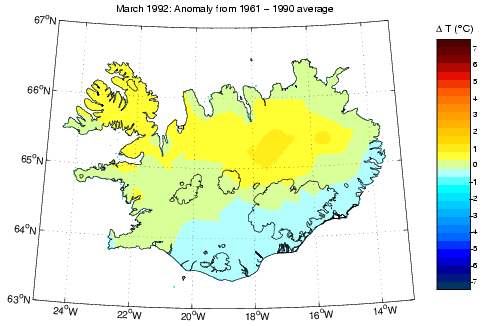 Frávik frá meðalhita í mars 1992