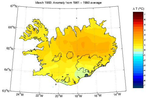 Frávik frá meðalhita í mars 1993