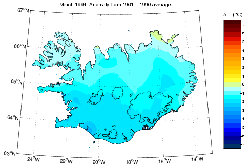 Frávik frá meðalhita í mars 1994