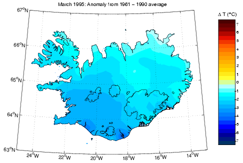 Frávik frá meðalhita í mars 1995