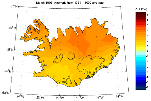 Frávik frá meðalhita í mars 1996