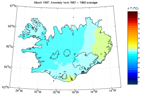 Frávik frá meðalhita í mars 1997