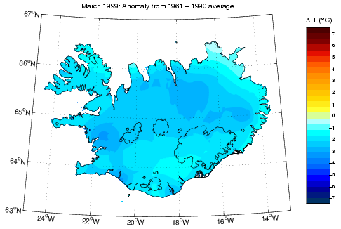 Frávik frá meðalhita í mars 1999