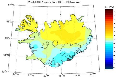 Frávik frá meðalhita í mars 2000