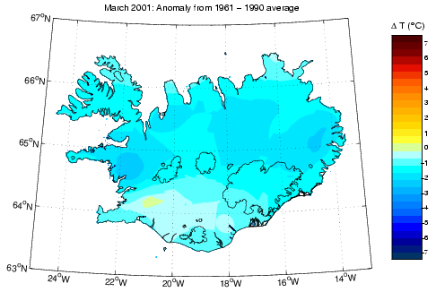 Frávik frá meðalhita í mars 2001