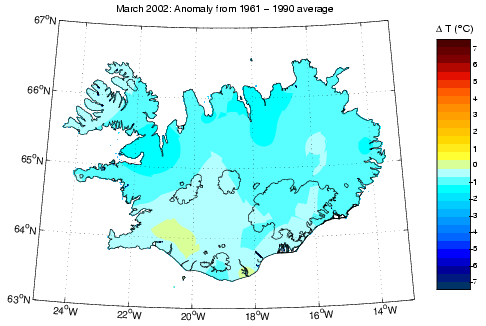 Frávik frá meðalhita í mars 2002