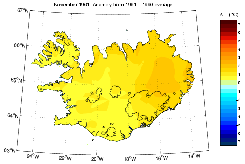 Frávik frá meðalhita í nóvember 1961 