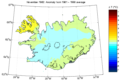 Frávik frá meðalhita í nóvember 1962 