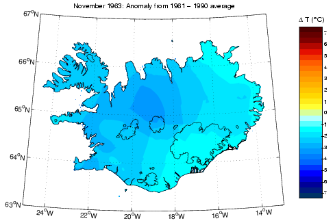 Frávik frá meðalhita í nóvember 1963 