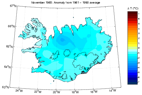 Frávik frá meðalhita í nóvember 1965 