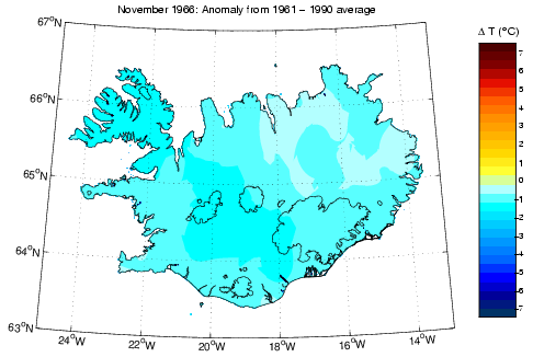 Frávik frá meðalhita í nóvember 1966 