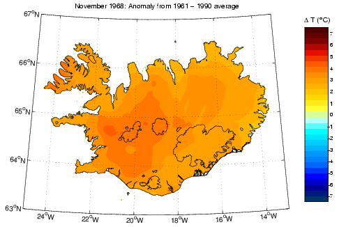 Frávik frá meðalhita í nóvember 1968 