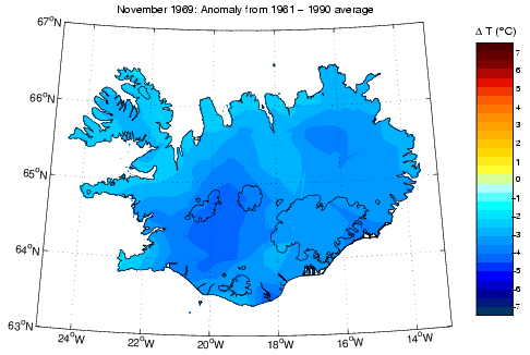 Frávik frá meðalhita í nóvember 1969 