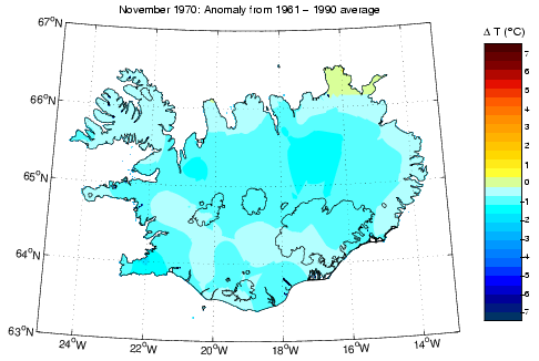 Frávik frá meðalhita í nóvember 1970 