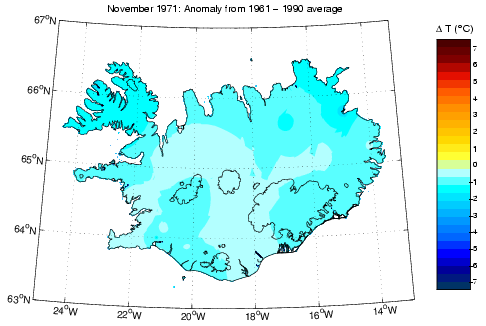 Frávik frá meðalhita í nóvember 1971 