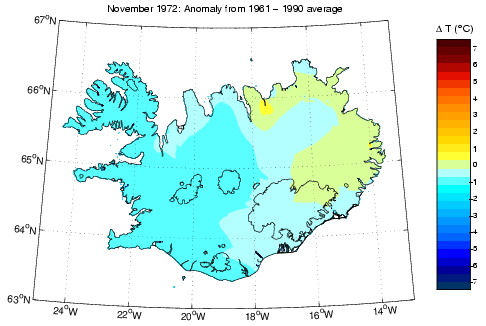 Frávik frá meðalhita í nóvember 1972 