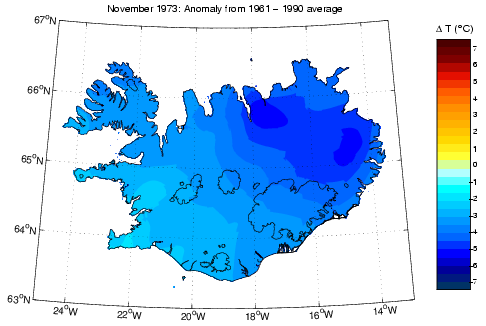 Frávik frá meðalhita í nóvember 1973 