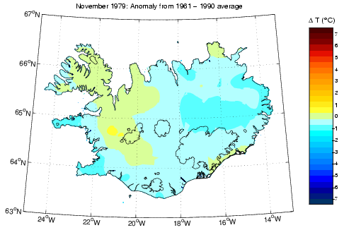 Frávik frá meðalhita í nóvember 1979 