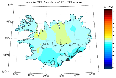 Frávik frá meðalhita í nóvember 1980 