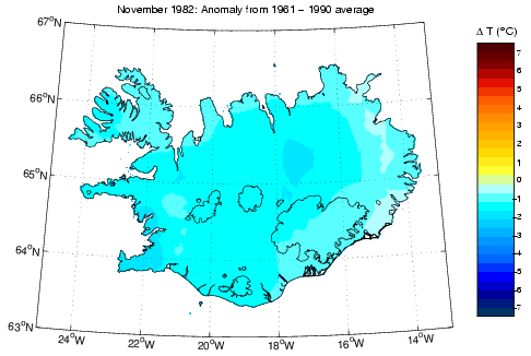 Frávik frá meðalhita í nóvember 1982 