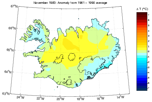 Frávik frá meðalhita í nóvember 1983 