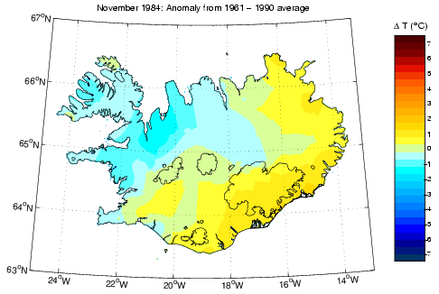 Frávik frá meðalhita í nóvember 1984 