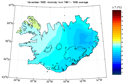 Frávik frá meðalhita í nóvember 1985 