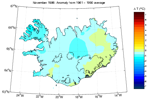 Frávik frá meðalhita í nóvember 1986 