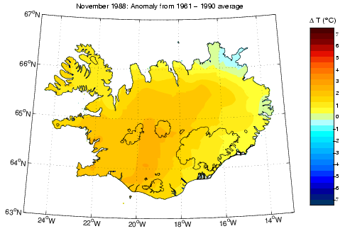 Frávik frá meðalhita í nóvember 1988 