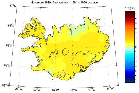 Frávik frá meðalhita í nóvember 1989 