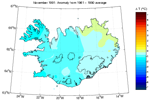 Frávik frá meðalhita í nóvember 1991 