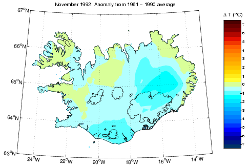 Frávik frá meðalhita í nóvember 1992 