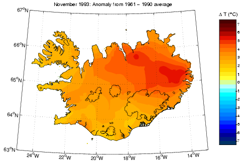 Frávik frá meðalhita í nóvember 1993 