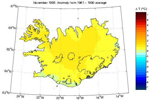 Frávik frá meðalhita í nóvember 1995 