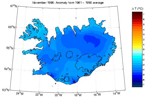 Frávik frá meðalhita í nóvember 1996 