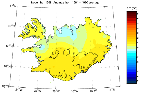 Frávik frá meðalhita í nóvember 1998 