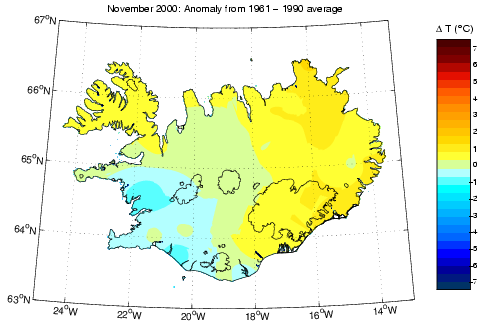 Frávik frá meðalhita í nóvember 2000 