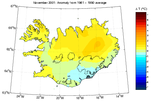 Frávik frá meðalhita í nóvember 2001 