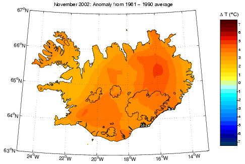 Frávik frá meðalhita í nóvember 2002 