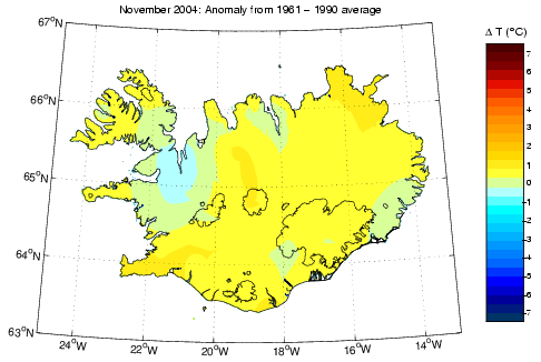 Frávik frá meðalhita í nóvember 2004 