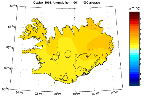 Frávik frá meðalhita í október 1961 