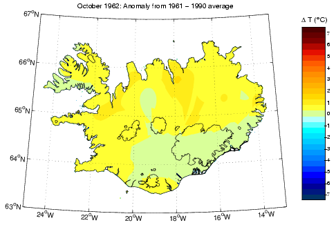 Frávik frá meðalhita í október 1962 