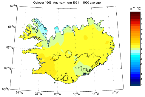 Frávik frá meðalhita í október 1963 