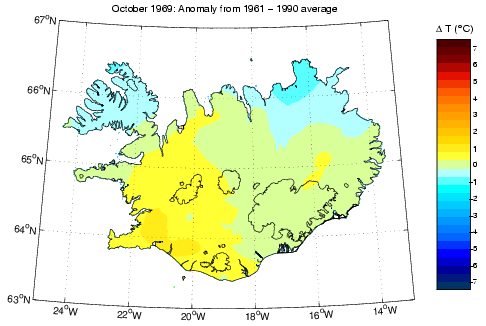 Frávik frá meðalhita í október 1969 