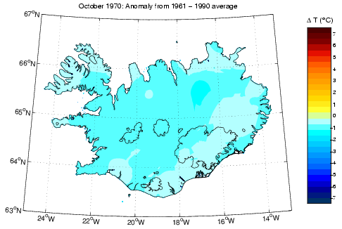 Frávik frá meðalhita í október 1970 