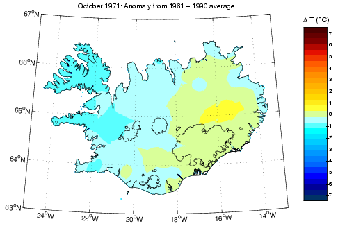 Frávik frá meðalhita í október 1971 