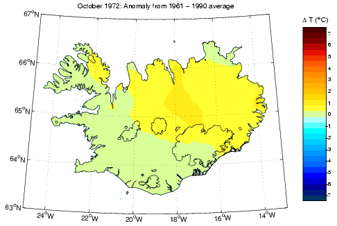 Frávik frá meðalhita í október 1972 