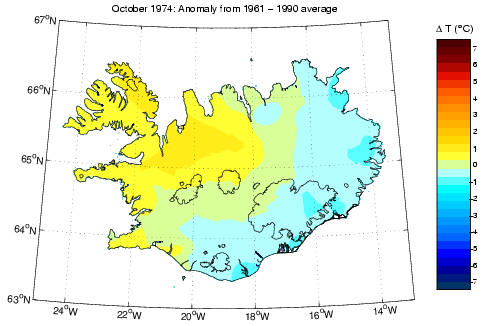 Frávik frá meðalhita í október 1974 